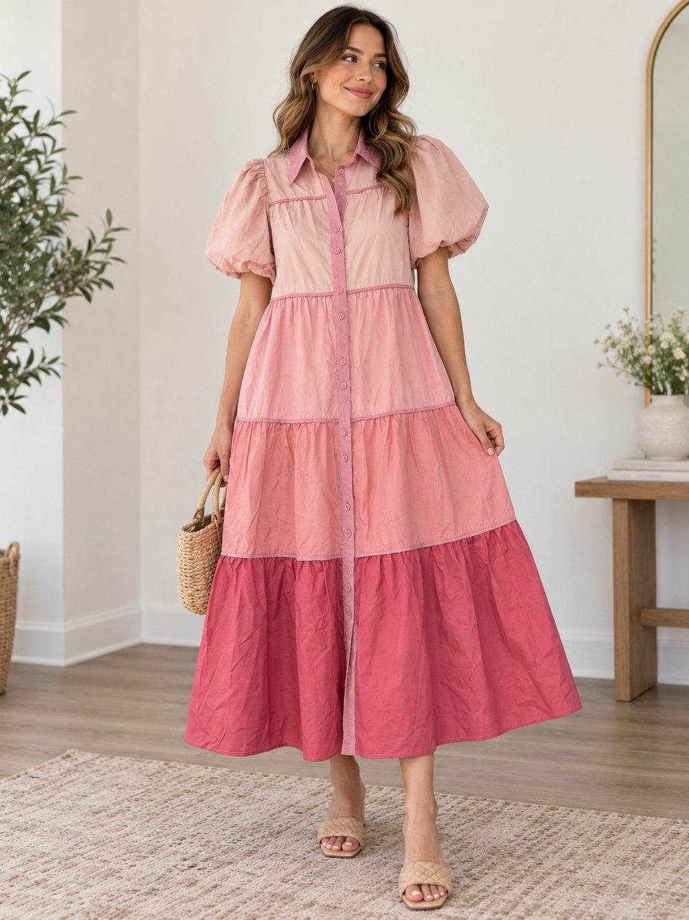 AUREUM Ombre Tiered Button-Front Maxi Dress in Pink Shades